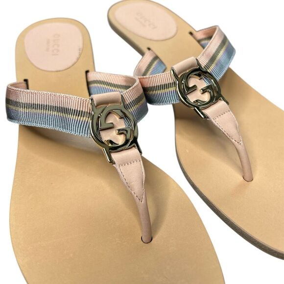 GUCCI GG Kitten Heel Beige Sandals Web Canvas Pink Blue Striped Thong Size 9.5 - Picture 6 of 9